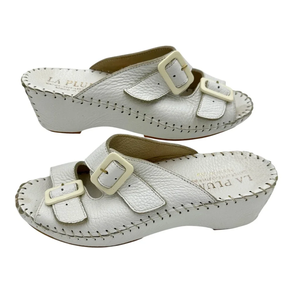 La Plume Jen White Leather Wedge Comfort Slide Sandals EUC Women's US 7.5 EU 38